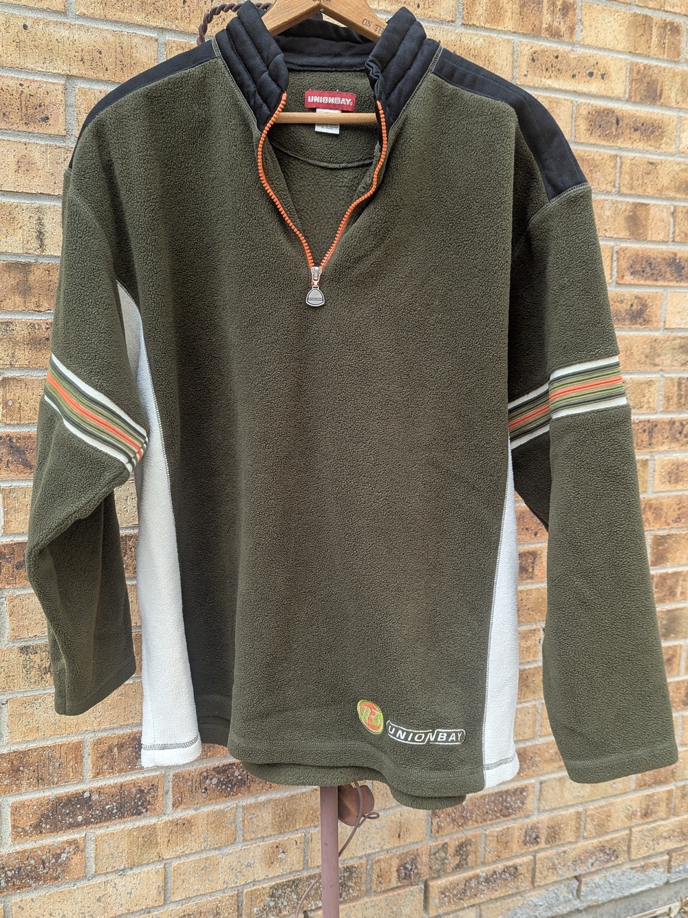 UNIONBAY Olive Green Zip-Neck Fleece Pullover with Stripe Accents